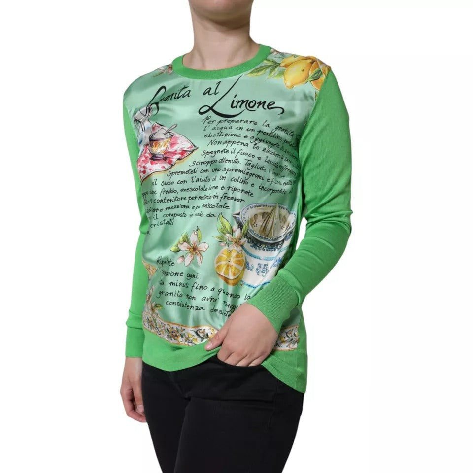 Pull en soie vert Dolce & Gabbana Granita Al Limone avec longues manches, élégant et doux pour un look sophistiqué.