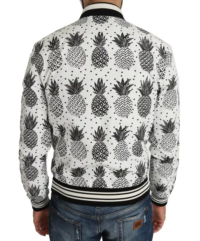 Veste bomber blanche et noire Dolce & Gabbana avec motif ananas, veste tendance en coton avec fermeture éclair.