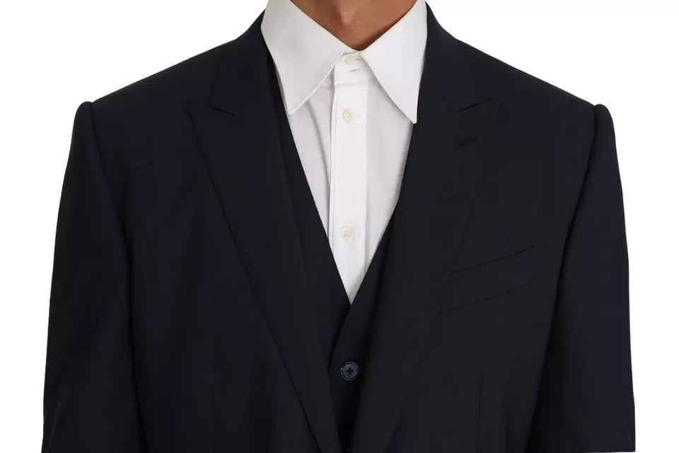 Gilet et veste en laine bleue Dolce & Gabbana Martini, ensemble 2 pièces, détails élégants et coupe raffinée pour homme.