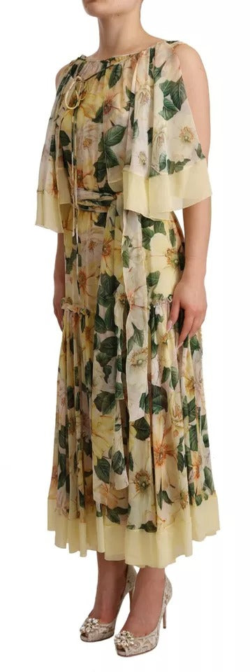 Robe longue en soie multicolore à imprimé floral Dolce & Gabbana, style maxi, élégante et fluide, vue de face.