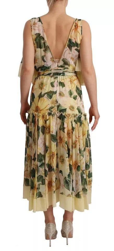 Robe longue en soie multicolore à imprimé floral de Dolce & Gabbana, robe maxi élégante et fluide avec motifs floraux vibrants.