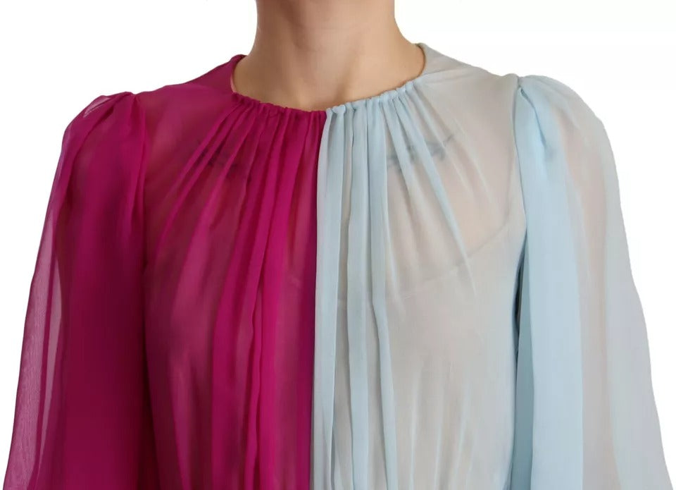 Robe midi en soie bicolore fuchsia et bleu clair de Dolce & Gabbana, élégante et fluide, vue de face.