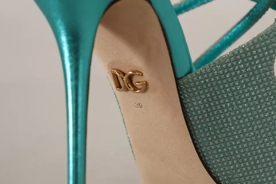 Sandales à talons Dolce & Gabbana bleues à paillettes avec brides fines, chaussures élégantes pour femmes.
