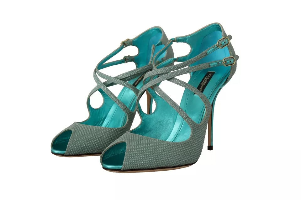 Sandales à talons Dolce & Gabbana bleu avec bride en glitter, chaussures élégantes pour femmes.