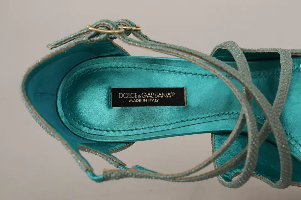 Sandales à talons Dolce & Gabbana bleues à paillettes brillantes avec brides fines et design élégant.