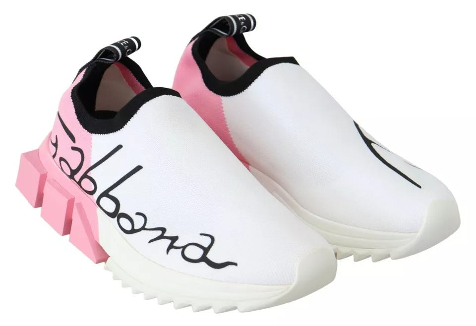 Chaussures Sneakers Sorrento Dolce & Gabbana rose blanc avec logo, vue de face, en tissu et caoutchouc, détails de la semelle.