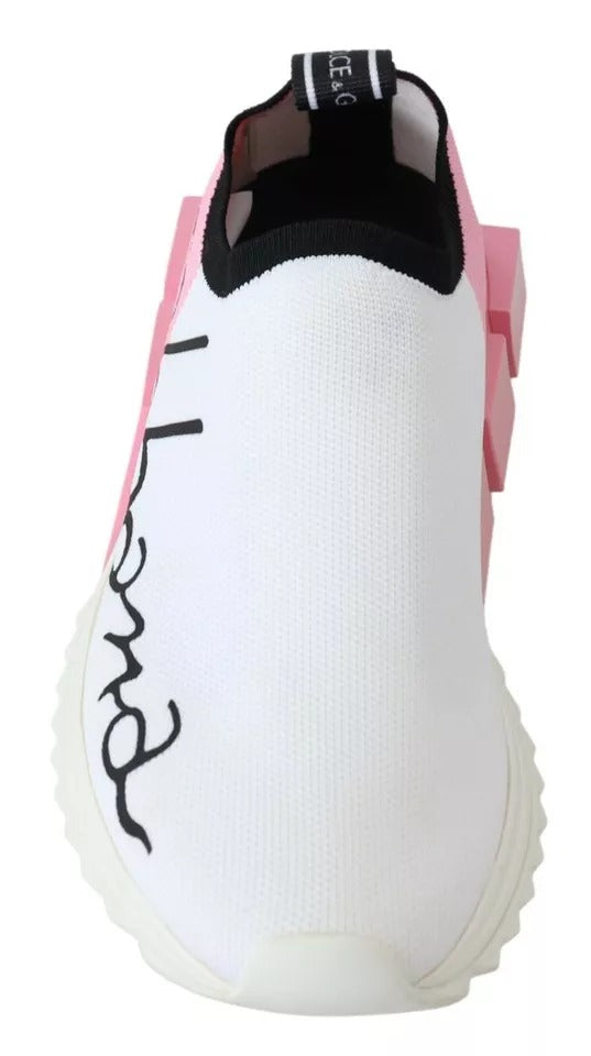 Chaussures sneakers Dolce & Gabbana Sorrento roses roses blanches et roses rose, logo Dolce & Gabbana, vue de face.