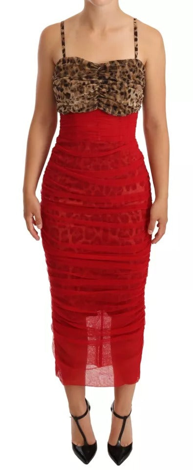 Robe midi en tulle rouge à motif léopard brun de Dolce & Gabbana, coupe ceinture élégante et style sophistiqué.