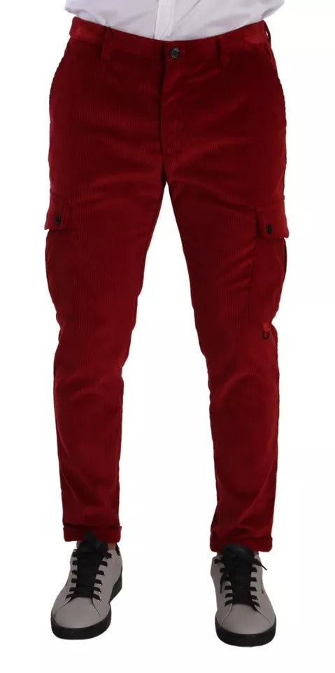 Pantalon cargo skinny en velours côtelé rouge en coton de Dolce & Gabbana, vue frontale avec détails de couture.