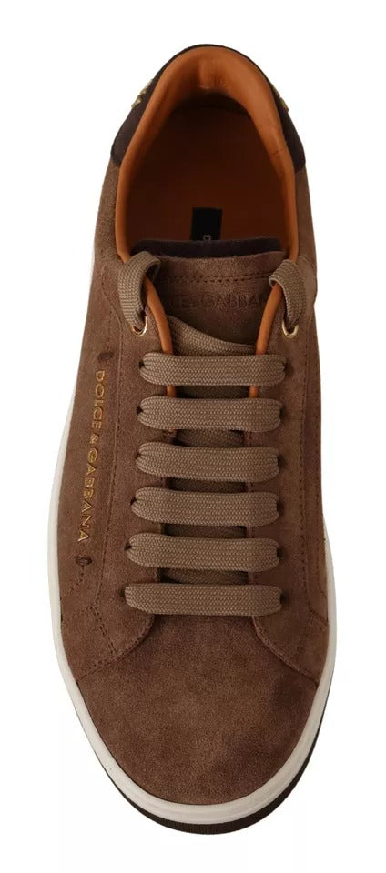Chaussures basses en daim marron Dolce & Gabbana pour homme avec logo, baskets élégantes et confortables.