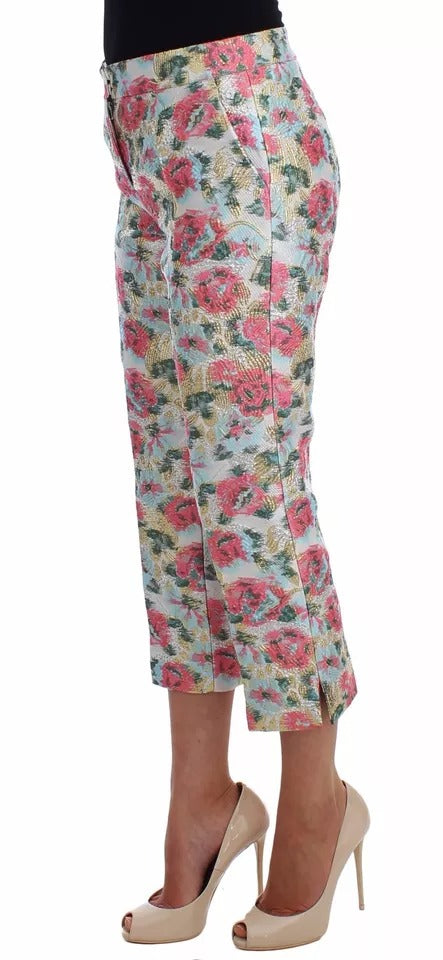 Pantalon en brocart blanc et rose avec motifs floraux Dolce & Gabbana, style élégant et sophistiqué.
