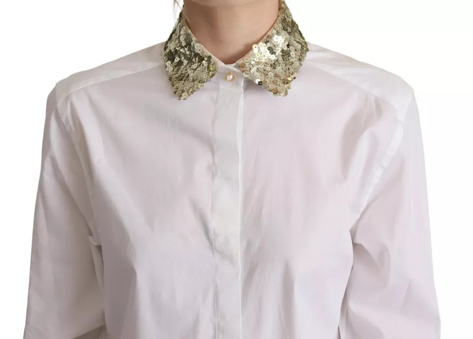Chemise blanche Dolce & Gabbana en coton à col, manches longues avec sequins, élégante et sophistiquée.