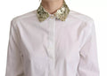 Chemise blanche Dolce & Gabbana en coton à col, manches longues avec sequins, élégante et sophistiquée.