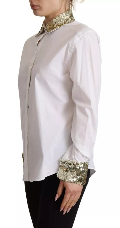 Chemisier blanc Dolce & Gabbana en coton à col, manches longues avec sequins, élégant haut à la mode.