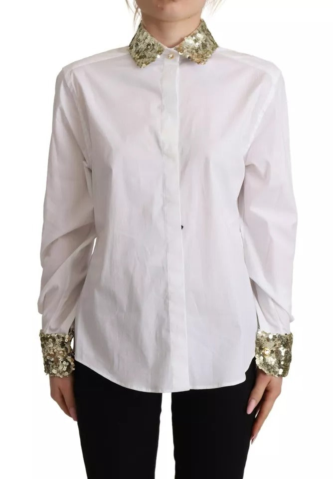 Chemise Dolce & Gabbana en coton blanc à col, manches longues et sequins, élégante et sophistiquée.