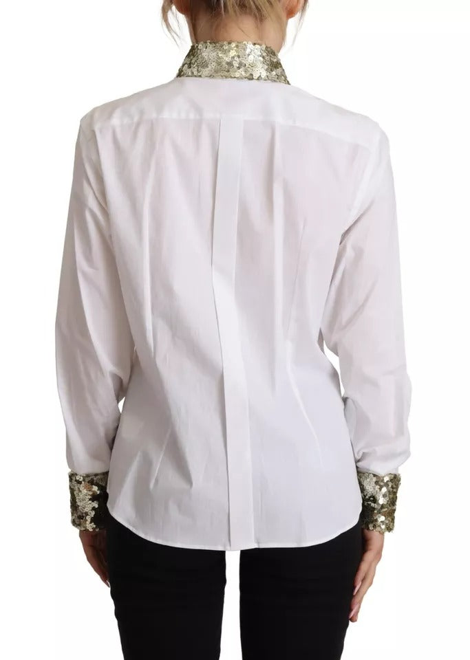 Chemise blanche en coton Dolce & Gabbana avec col, manches longues et sequins visibles sur l'image.