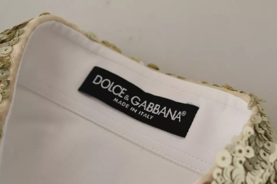Chemise blanche en coton à col et manches longues Dolce & Gabbana avec sequins, élégante et sophistiquée.