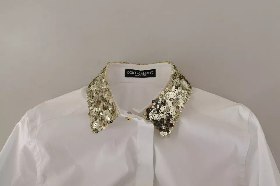 Chemise blanche Dolce & Gabbana en coton à col, manches longues et détails de sequins, élégante et sophistiquée.