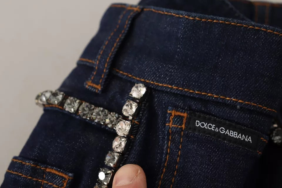 Shorts en denim bleu foncé Dolce & Gabbana avec embellissements, pantalon court tendance pour femme.
