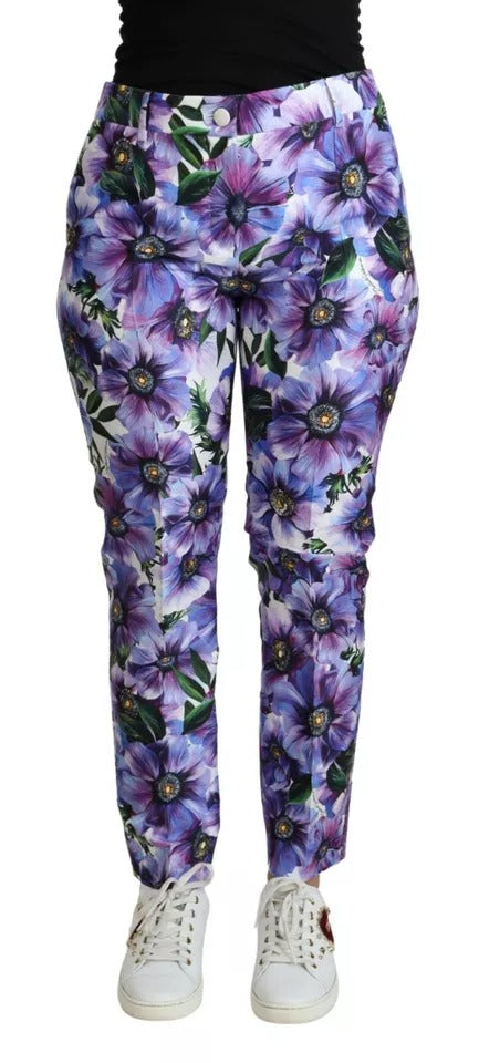 Pantalon en coton à motif floral violet de Dolce & Gabbana, coupe tapered, pour femme.