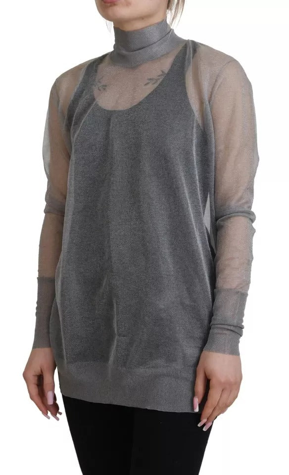 Pull en maille transparent gris Dolce & Gabbana avec col roulé, vue de face, détails du tissu en maille fine.