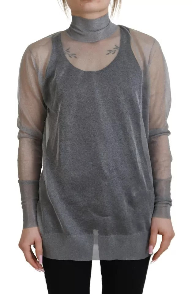Pull à col roulé transparent gris Dolce & Gabbana, pull-over en maille légère avec détails en dentelle, porté sur un mannequin.