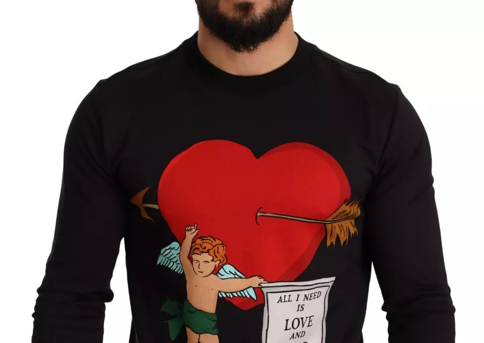 Sweat à capuche noir Dolce & Gabbana avec imprimé Cupidon, casual et confortable, tissu en coton avec détails graphiques.