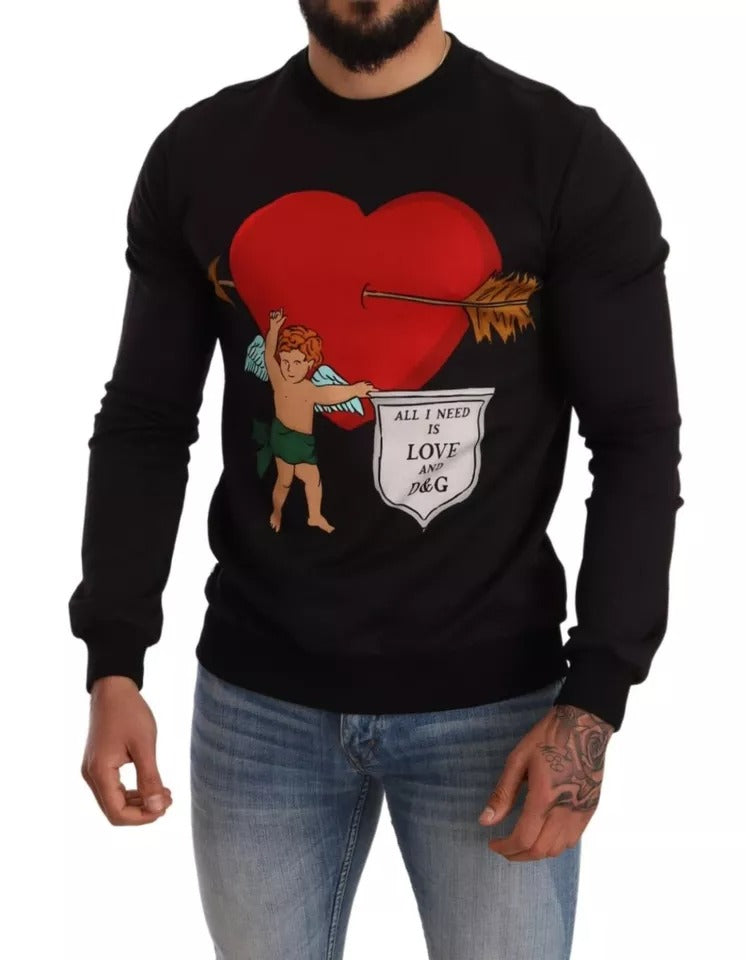 Sweat à capuche Dolce & Gabbana noir avec impression de Cupid, vêtement décontracté en coton avec logo Dolce & Gabbana visible.