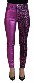 Jeans slim en coton violet à motif léopard de Dolce & Gabbana, coupe ajustée, détails mode élégants.
