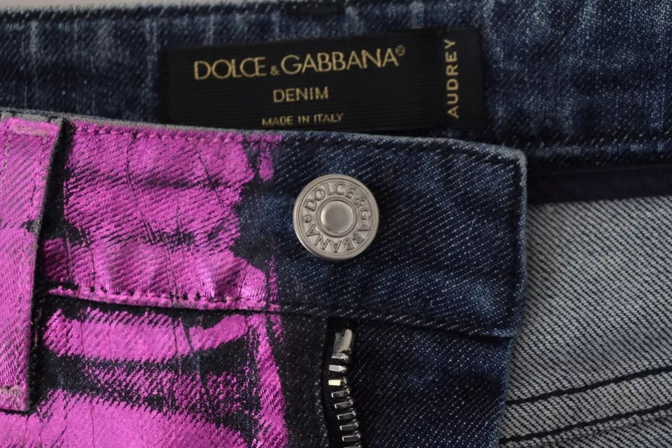 Jean slim en coton à imprimé léopard violet de Dolce & Gabbana, denim, style ajusté et tendance visible sur l'image.