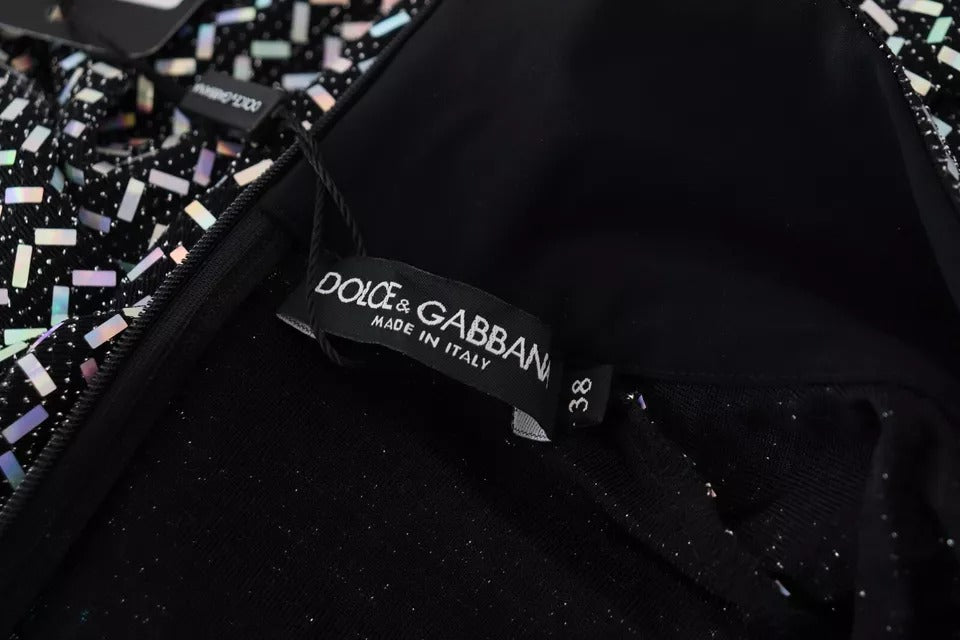 Robe courte noire en nylon avec embellissements, bodycon, signée Dolce & Gabbana, vue de face avec détails brillants.