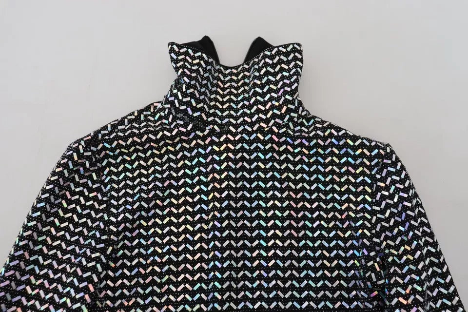 Robe courte en nylon noir Dolce & Gabbana avec embellissements, coupe moulante et détails élégants.