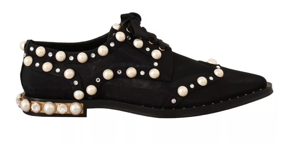 Chaussures Dolce & Gabbana plates de ville en cuir noir avec laçage et détails bijoux, chaussures élégantes et sophistiquées.