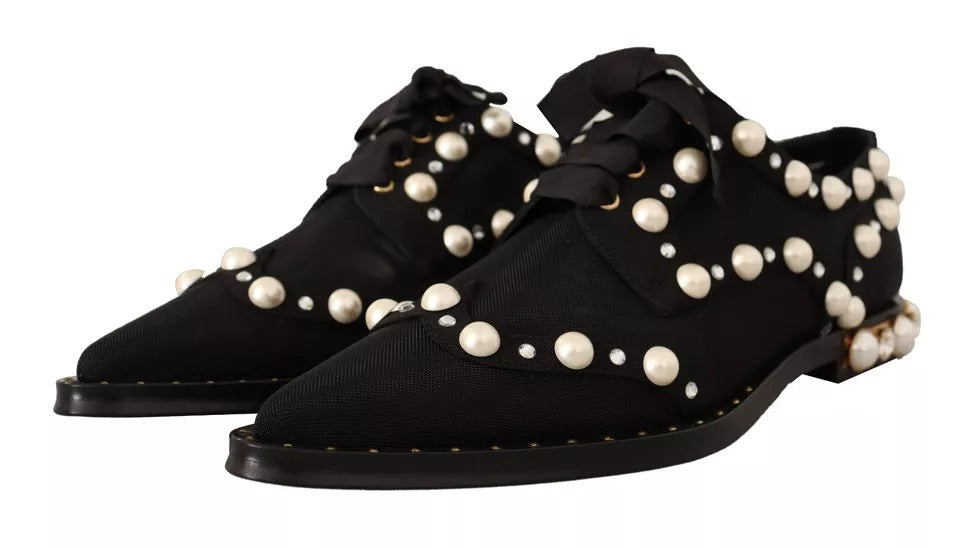 Chaussures Dolce & Gabbana plates formelles noires avec laçage, ornées de bijoux, en cuir élégantes pour occasion spéciale
