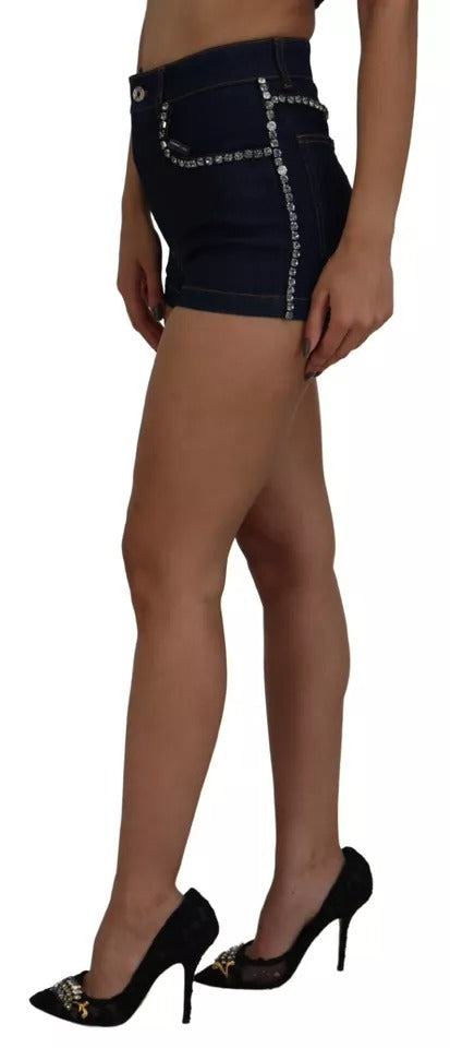 Shorts en denim bleu Dolce & Gabbana avec stretch et cristaux, style hot pants pour un look tendance et élégant.