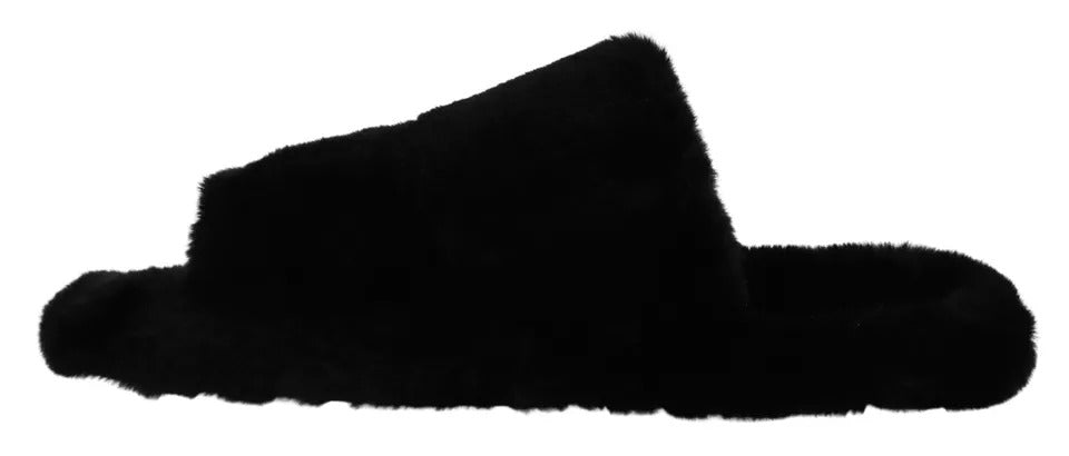 Sandales homme Dolce & Gabbana en polyester noir avec fausse fourrure, chaussures plates élégantes et confortables.