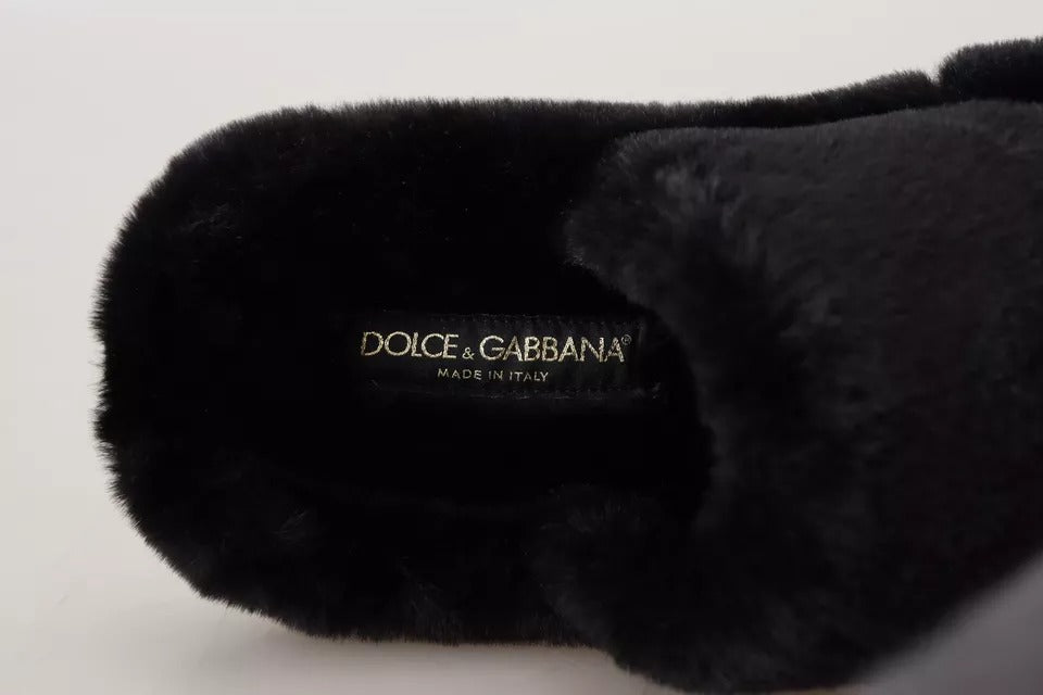 Chaussures homme Dolce & Gabbana en polyester noir avec fausse fourrure, sandales plates élégantes.