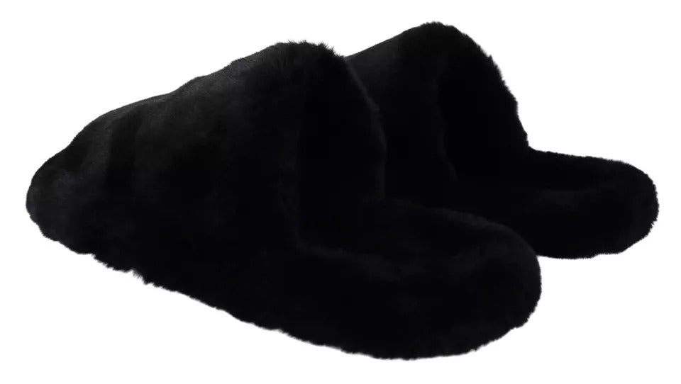 Sandales plates pour hommes Dolce & Gabbana en polyester noir avec fausse fourrure, chaussures élégantes et confortables.
