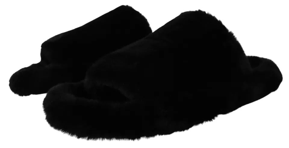 Sandales plates pour hommes Dolce & Gabbana en polyester noir avec fausse fourrure, chaussures élégantes et confortables.