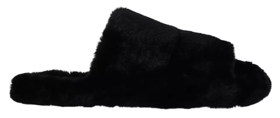 Sandales pour hommes Dolce & Gabbana en polyester noir avec fausse fourrure, chaussures plates élégantes et confortables