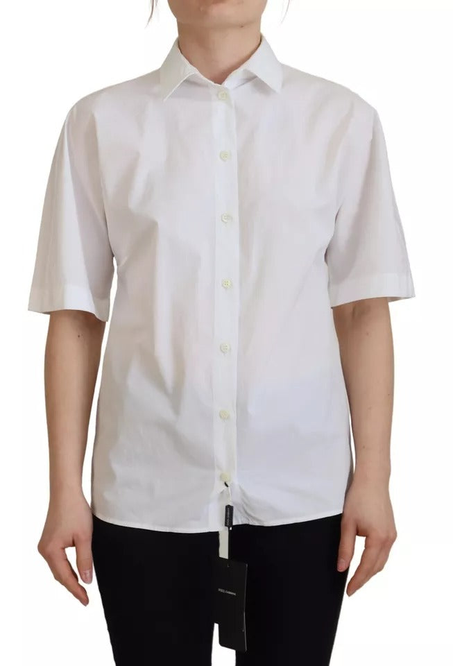 Chemise blanche en coton à manches courtes de Dolce & Gabbana avec boutons frontaux, vue de face.
