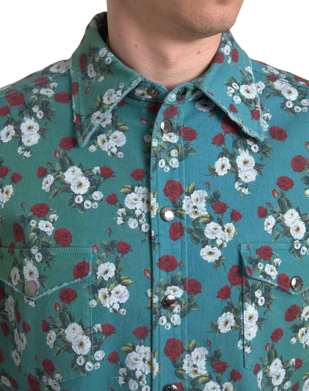 Chemise en denim bleu Dolce & Gabbana en coton avec boutons et motif floral, vue frontale.