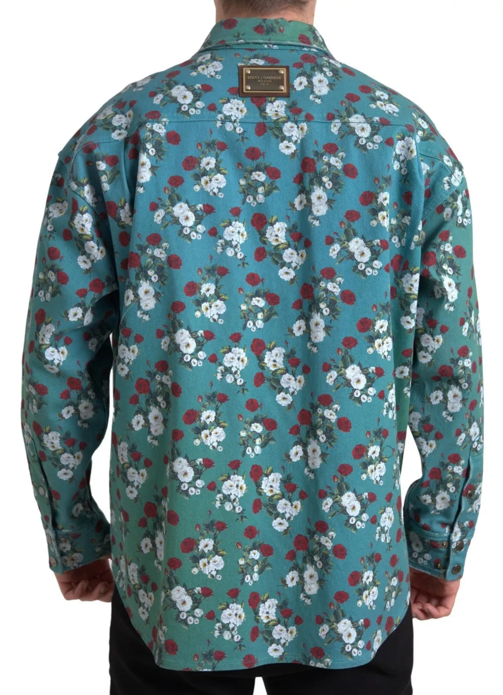 Chemise en denim bleu Dolce & Gabbana avec motifs floraux en coton, boutonnières et coupe décontractée.
