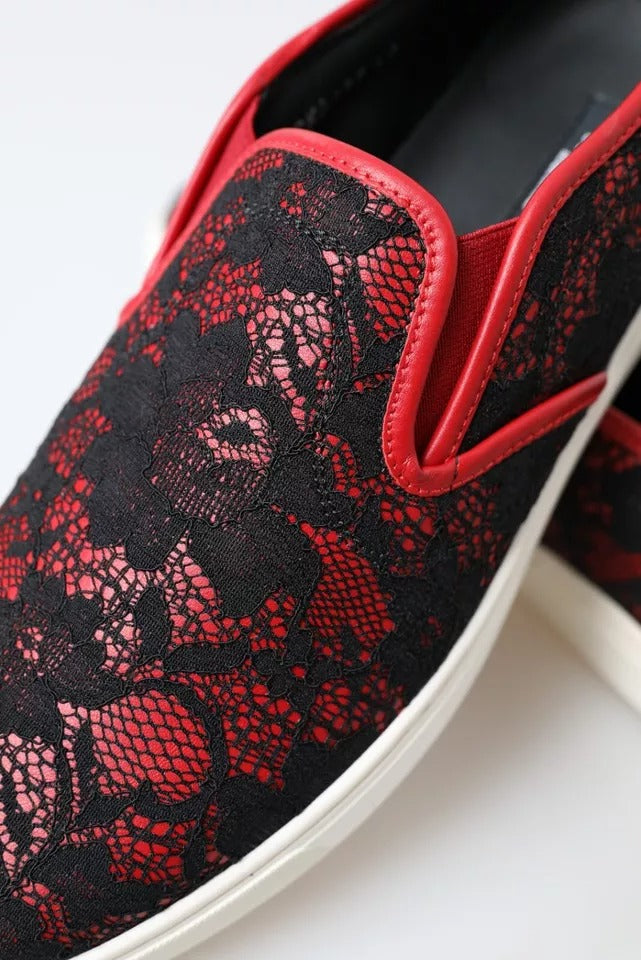Basket Dolce & Gabbana noires et rouges en dentelle, chaussures basses à enfiler pour femmes, élégantes et modernes