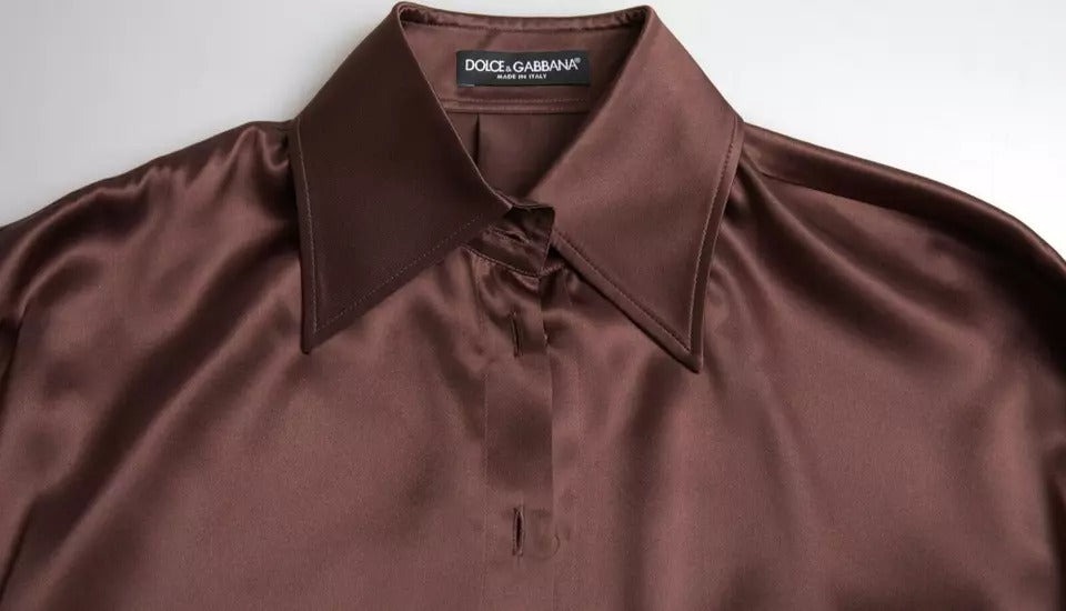 Chemisier en soie marron à col avec manches longues de Dolce & Gabbana, élégant et sophistiqué.