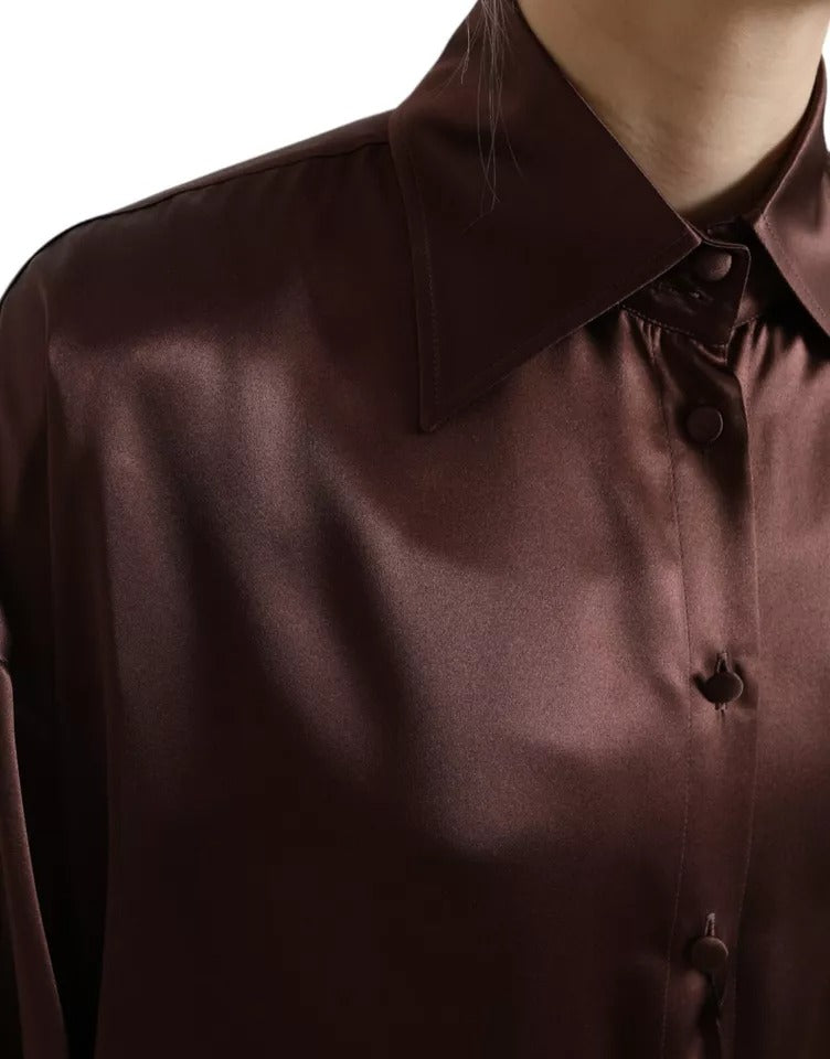 Chemise Dolce & Gabbana en soie marron avec col et manches longues, élégante blouse pour femme.
