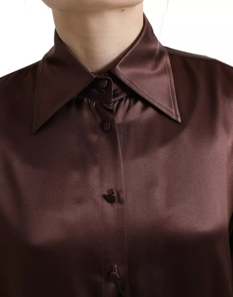 Chemise en soie marron Dolce & Gabbana à col, manches longues, élégante blouse chic pour femmes