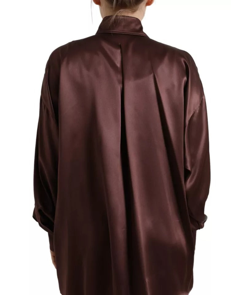 Chemise en soie marron à col avec longues manches de Dolce & Gabbana, élégante blouse pour femme.