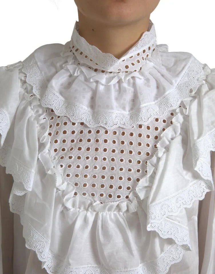 Blouse blanche en coton avec dentelle et col roulé Dolce & Gabbana, détail de finition en dentelle, élégante et sophistiquée