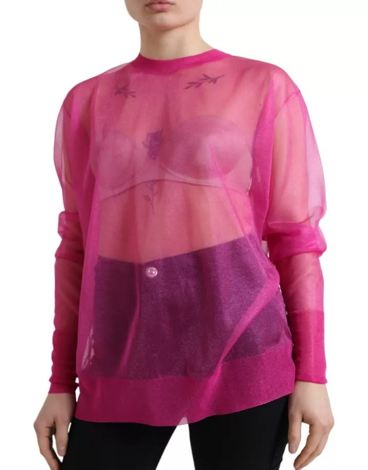 Haut en soie rose Dolce & Gabbana à manches longues transparentes et col rond, élégant et léger.